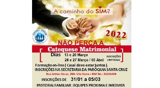 Inscrições da Catequese Matrimonial em Barra Mansa abrem dia 31